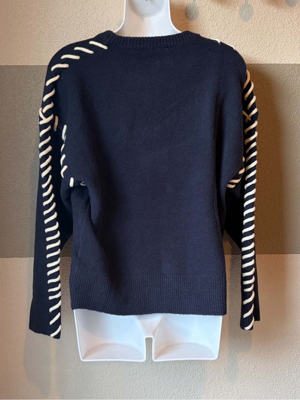 Sunday Edition Women Small Long Sleeve Sweater Navy Cream Whip Contrast Stitch - Picture 2 of 7